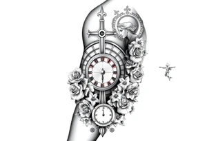 Roulette casino and princess and jesus on cross, baby angels, roses and clock and stars and fish tattoo idea