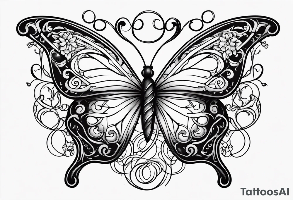Number 444 intertwine with butterfly and vines tattoo idea