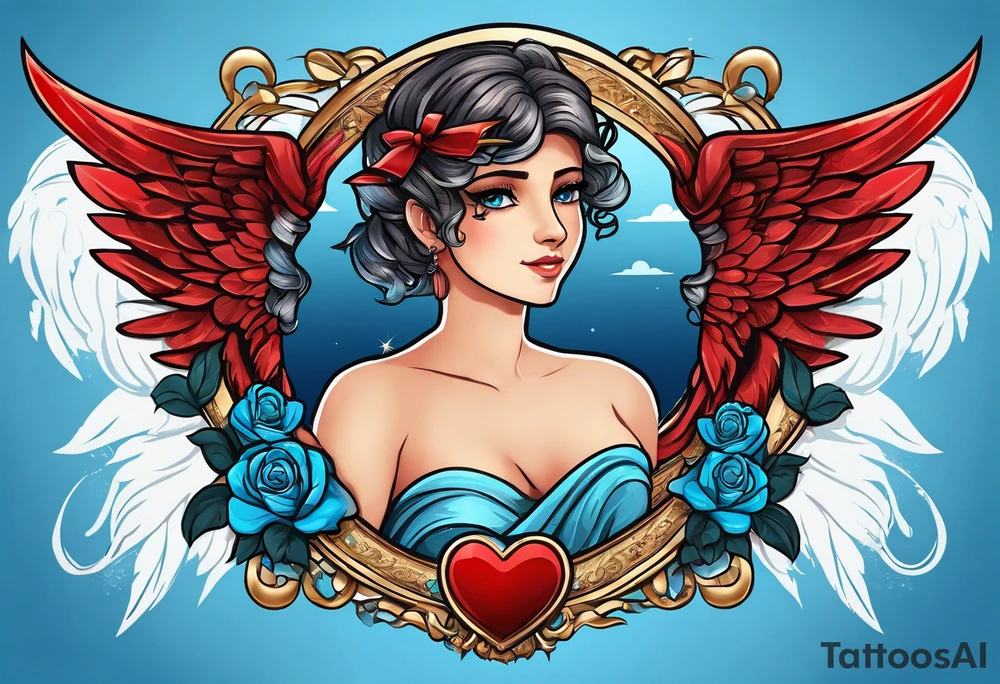 Cupio fly boy wings and a bow,, bacground sea ancient rome gods , blue roses frames, red heart bow tattoo idea