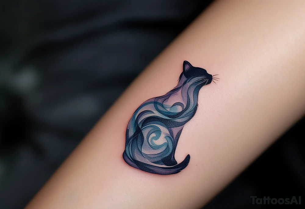 Mystic Smoke Cat Silhouette – A cat made of swirling smoke shapes in dark gray, slate blue, and faint lavender tones. tattoo idea