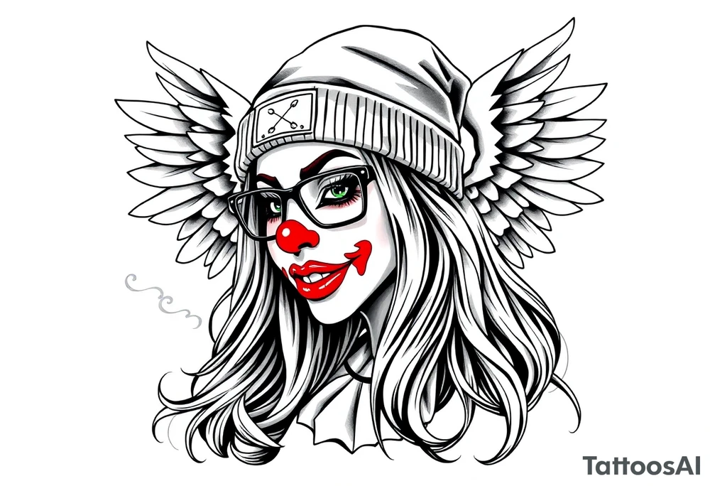 beautiful long hair Clown Girl thug beanie eyeglasses angel wings smoke tattoo idea
