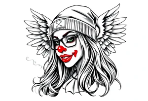 beautiful long hair Clown Girl thug beanie eyeglasses angel wings smoke tattoo idea