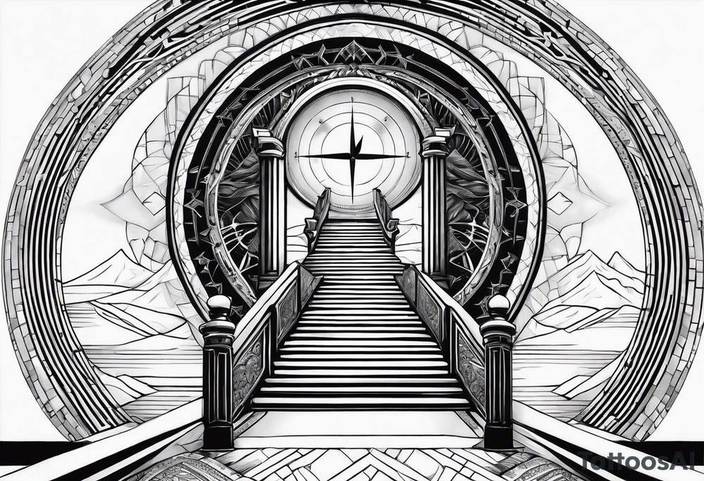 stairway to heavens gate with person walking up it, nortic compass tattoo idea