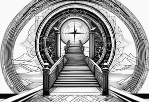 stairway to heavens gate with person walking up it, nortic compass tattoo idea