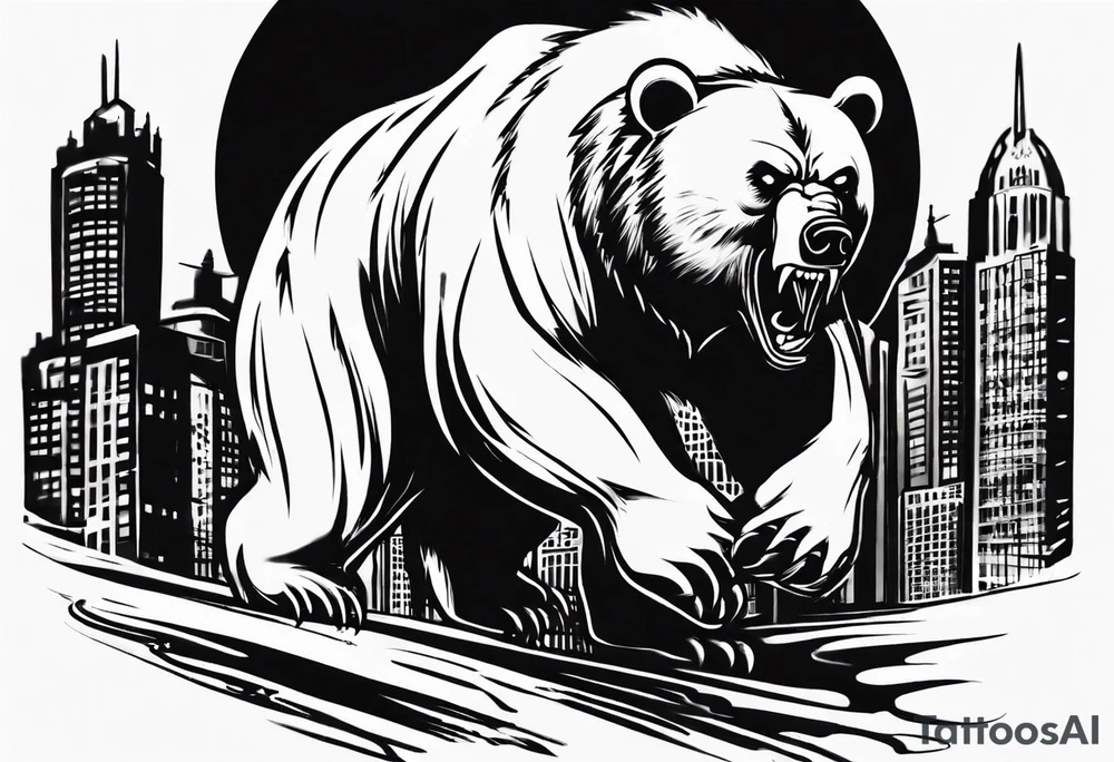 Angry bear coming up behind a city tattoo idea Angry bear coming up behind a city tattoo idea