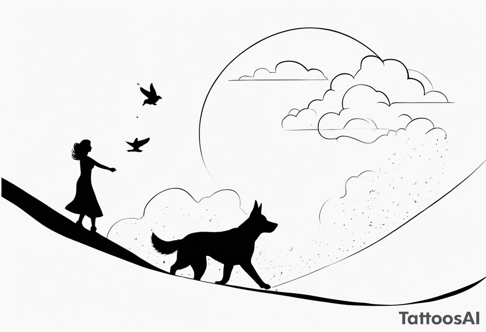 dog in the sky reaching hand of a woman and woman as her back facing us tattoo idea