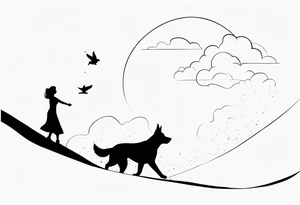 dog in the sky reaching hand of a woman and woman as her back facing us tattoo idea