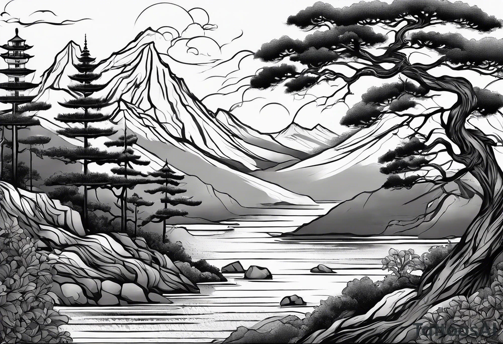 Full arm sleeve, tree going up to shoulder dead tree going down to wrist, wrapped in a serpent moving down with mountain and water elements tattoo idea