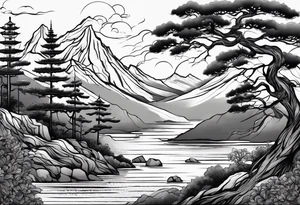 Full arm sleeve, tree going up to shoulder dead tree going down to wrist, wrapped in a serpent moving down with mountain and water elements tattoo idea