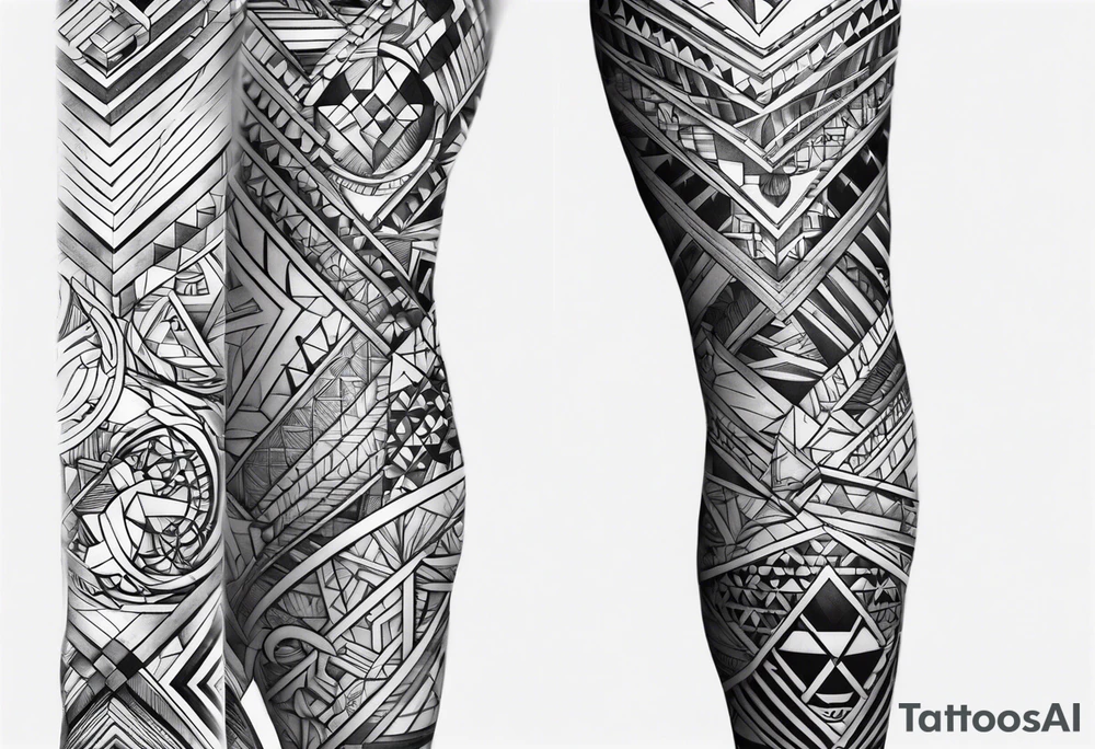 Mix match geometric full leg sleeve male tattoo idea