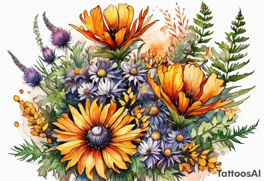 cascading mixed wildflowers with thistles, ferns, burnt orange white and yello flowers all in watercolor tattoo idea