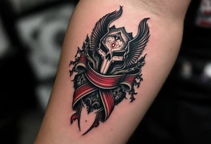 An AC Sparta Praha crest wrapped in a black-and-maroon ribbon, etched on the upper arm. tattoo idea