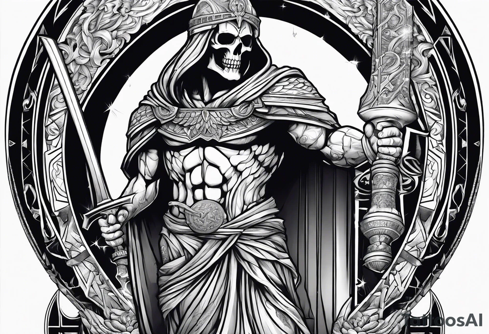 Thanatos, the greek god of death, holding a sword and a torch tattoo idea