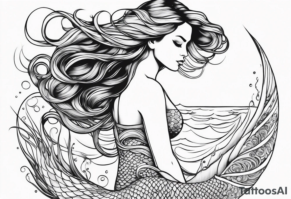 sexy goddess mermaid with flowing hair and long flowing tail with scales and tattoos combine the favorites tattoo idea