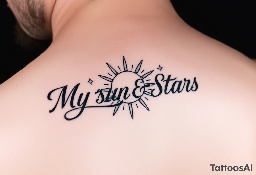 "My Sun & Stars" in script with a Sun and stars tattoo idea