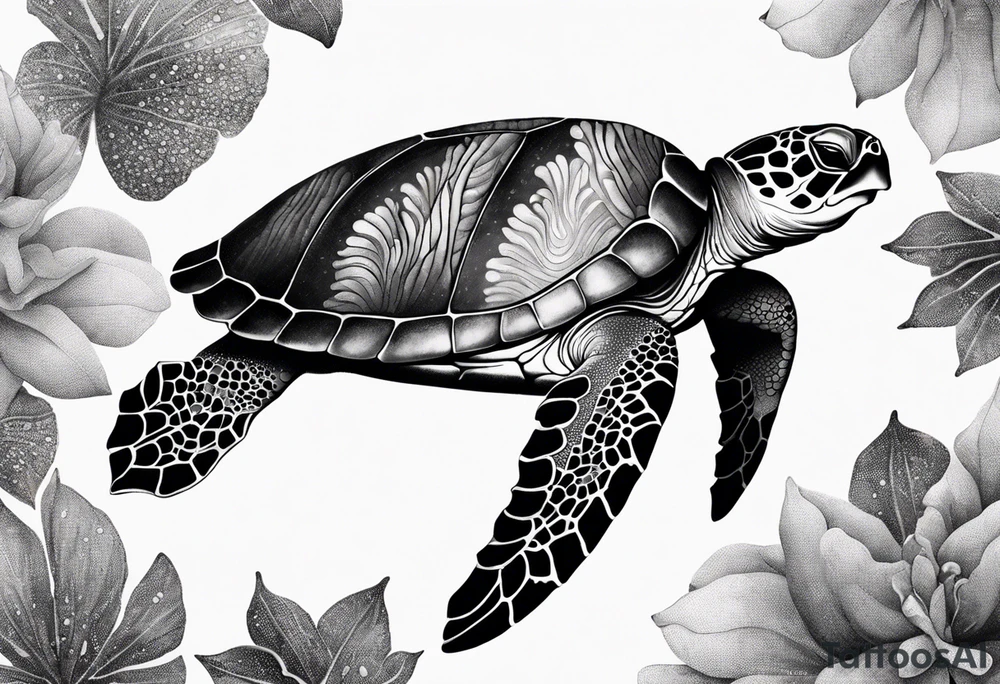 A serene turtle swimming underwater, detailed shell patterns visible, symbolizing patience and longevity.” tattoo idea