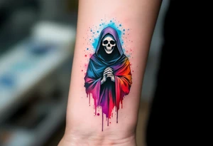 A watercolor-style Grim Reaper with splashes of red, blue, and violet fading from his cloak. tattoo idea