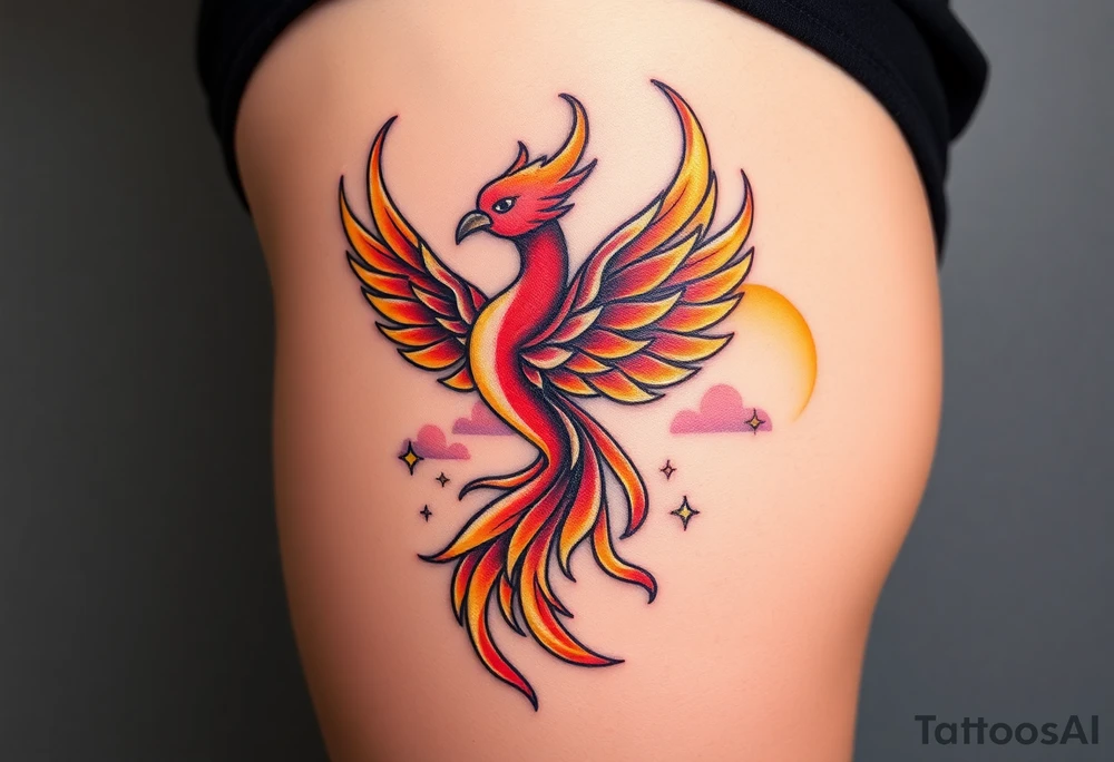 magnificent  phoenix rising from flames with trailing embers  and golden sunset and sky with puffy clouds and heaven backdrop pinks reds orange and yellows and golds with sparkles tattoo idea
