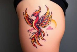 magnificent  phoenix rising from flames with trailing embers  and golden sunset and sky with puffy clouds and heaven backdrop pinks reds orange and yellows and golds with sparkles tattoo idea