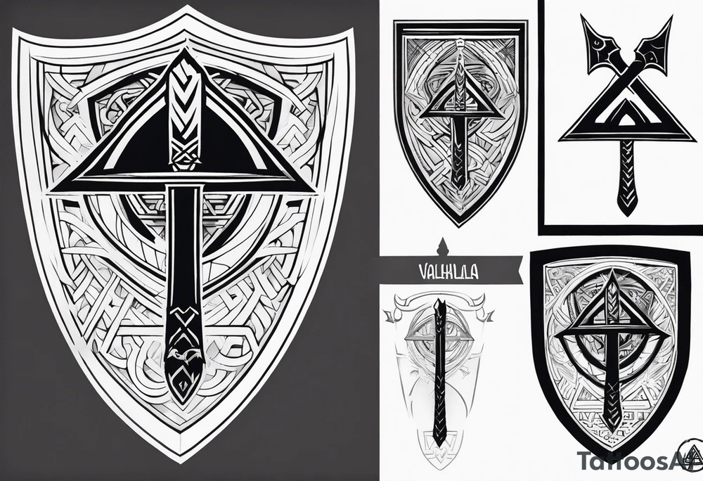 Valhalla sword shield axe Valknut fog tattoo idea