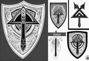 Valhalla sword shield axe Valknut fog tattoo idea