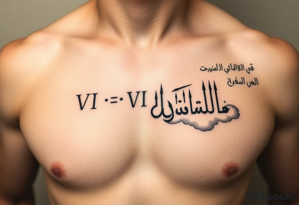 ruman numerals VI•VI•MCMLXXX above the right nipple overlapping from chest to shoulder, shaded up with clouds and somewhere on the same shoulder arabic writing لا تخف من شيء . tatoo should be on chest and not back and it should overlap into shoulder tattoo idea