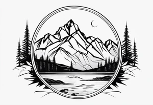 rocky mountains, compass, lake, reflection, linear tattoo idea