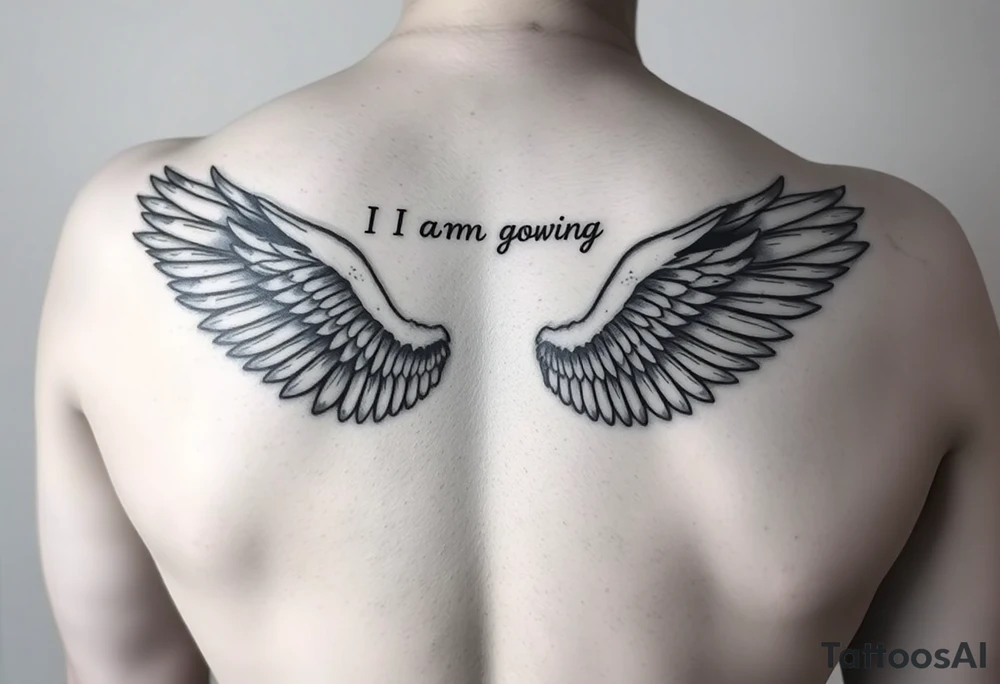 big back tattoo with words saying “one day i am going to grow wings” with big wings spreading tattoo idea