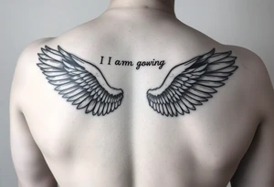 big back tattoo with words saying “one day i am going to grow wings” with big wings spreading tattoo idea