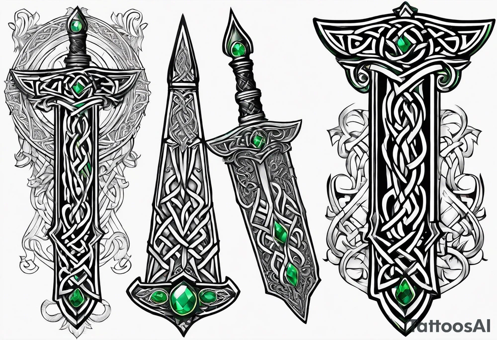A Celtic dagger with an oak hilt turned upright and emerald gemstones on it tattoo idea