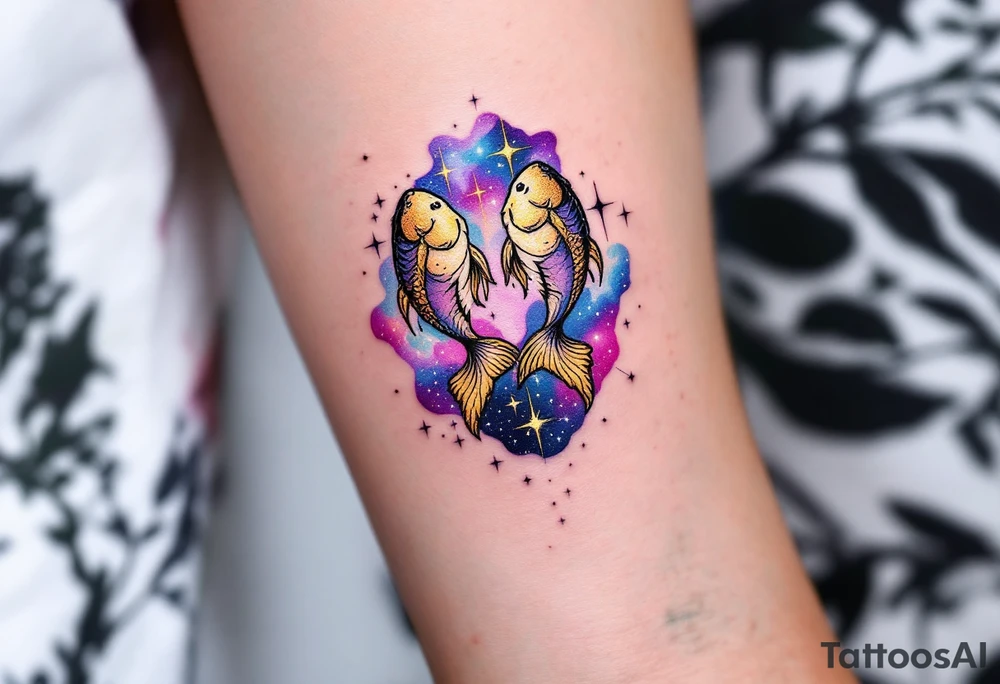 A Pisces glyph in gold sparkles above a constellation shaded in dreamy purples and celestial blue. tattoo idea