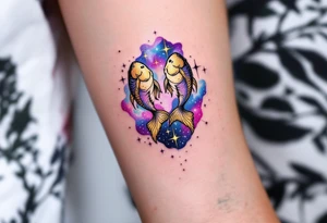 A Pisces glyph in gold sparkles above a constellation shaded in dreamy purples and celestial blue. tattoo idea