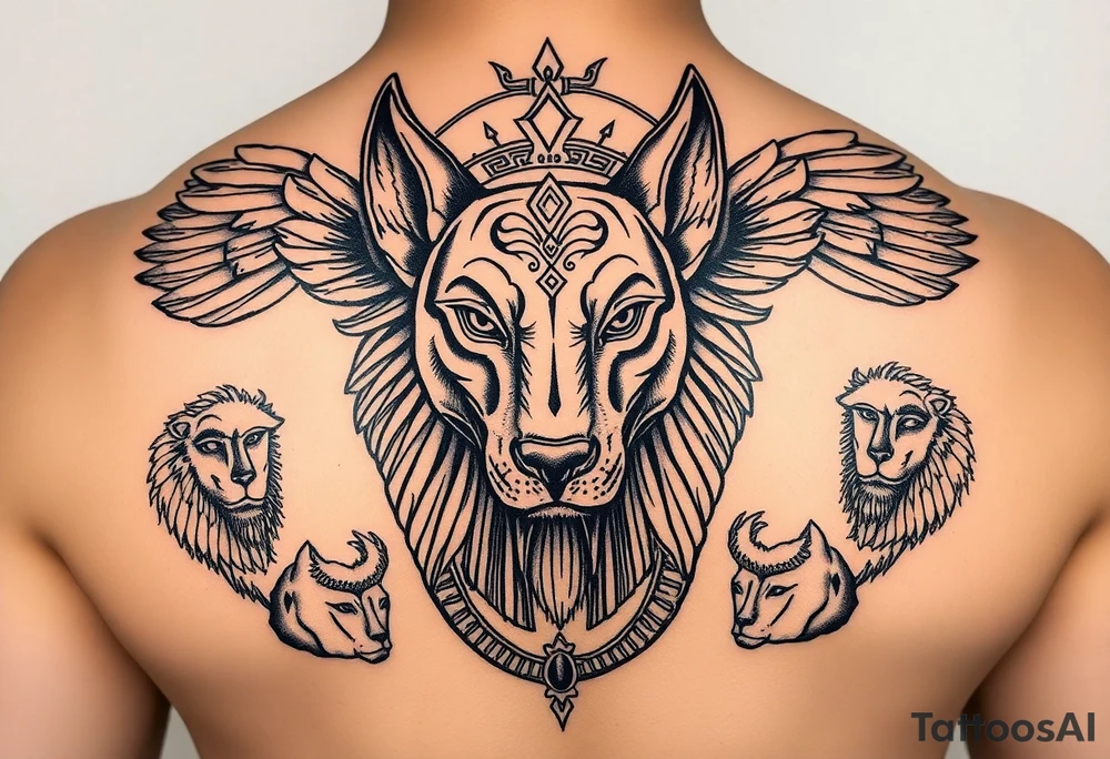Egyptian Anubis god face muscle in Egypt style dog face surrounded Egyptian symbols and lions tattoo idea