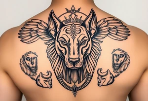 Egyptian Anubis god face muscle in Egypt style dog face surrounded Egyptian symbols and lions tattoo idea