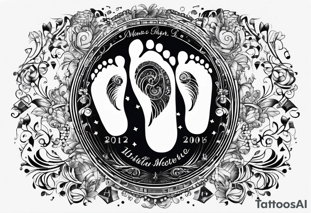 Baby footprint made up of child's birth information surrounded by music tattoo idea