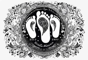 Baby footprint made up of child's birth information surrounded by music tattoo idea