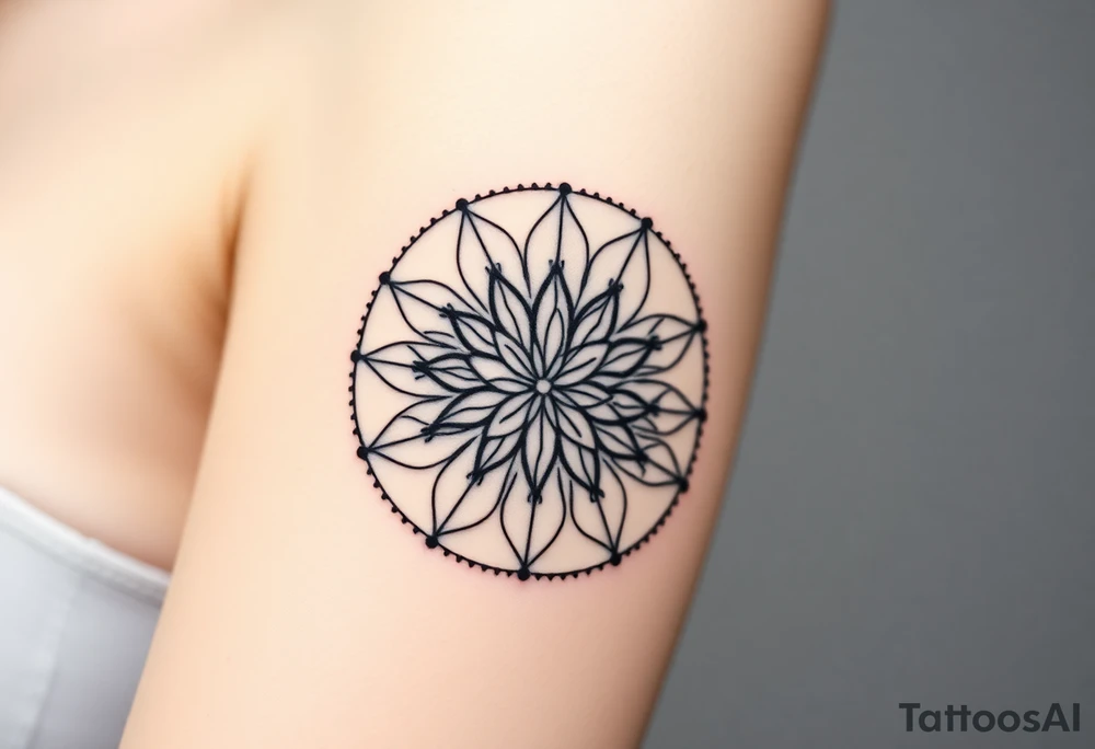 A Flower of Life pattern with delicate dot work shading placed in cyrcle tattoo idea