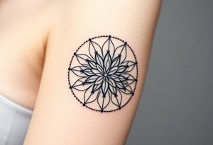 A Flower of Life pattern with delicate dot work shading placed in cyrcle tattoo idea