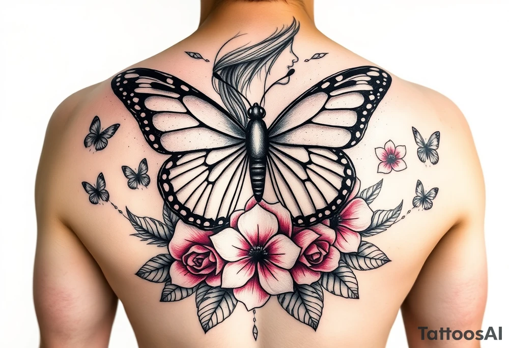 Medium  and small butterflys surrounding a the biggest butter fly then uber the biggest butterfly that's in the top center of tatto a womens nose mouth and have is formed but her eyes are covered by the lower part of the biggest butterfly in the center women long hair is flowing g down with more small and. Smaller batteries and a rose bush mixed with some Beautiful pink plumeria tattoo idea