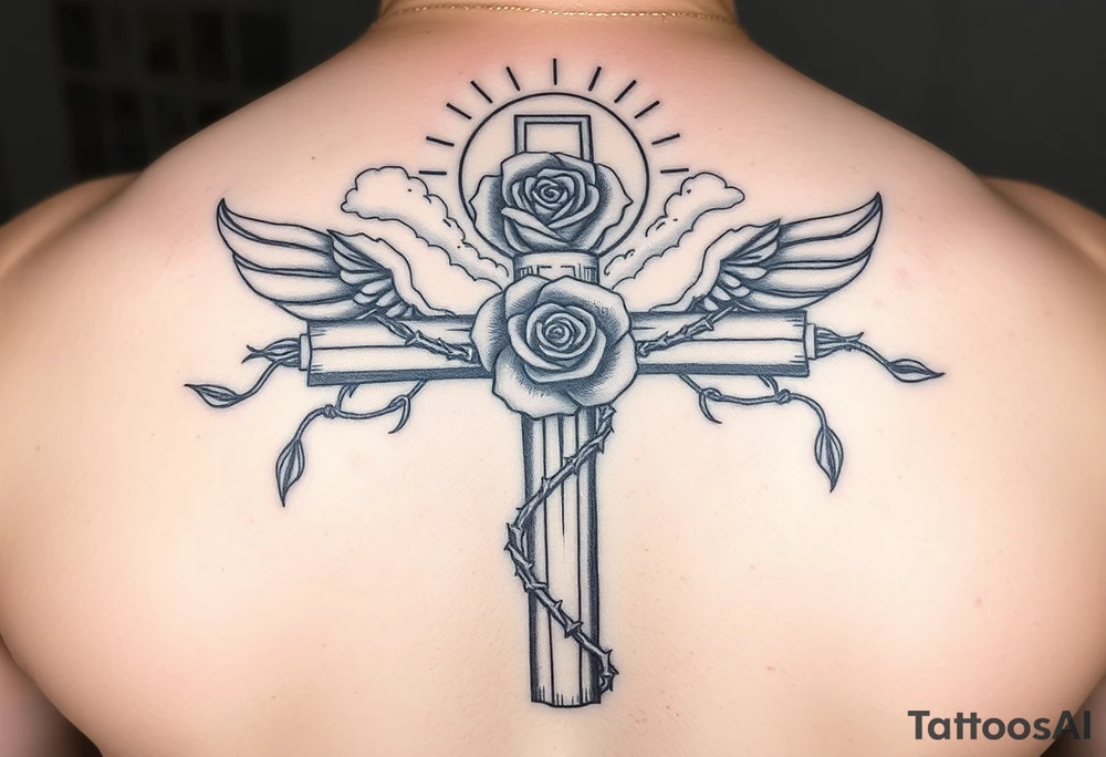 A very detailed cross with thorns vines from a rose with a halo above it and clouds around it and possibly wings on the sides or no wings in the sides but is a very detailed tattoo tattoo idea