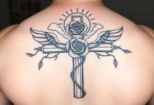 A very detailed cross with thorns vines from a rose with a halo above it and clouds around it and possibly wings on the sides or no wings in the sides but is a very detailed tattoo tattoo idea