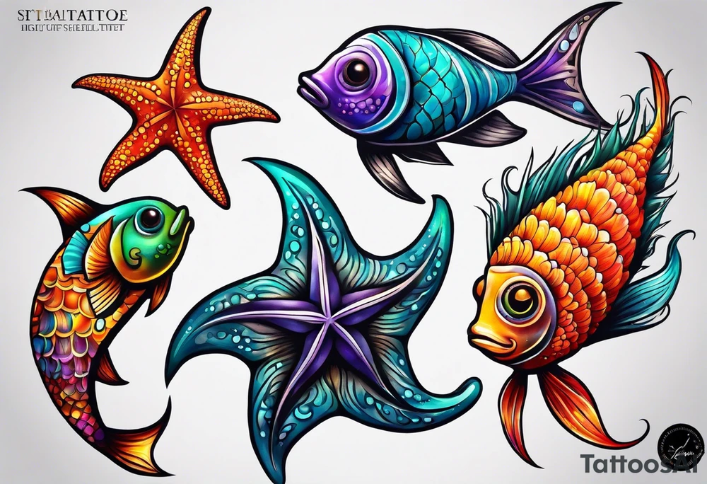 set of 3 star fish of with 3 different bright colors and 3 different shapes tattoo idea