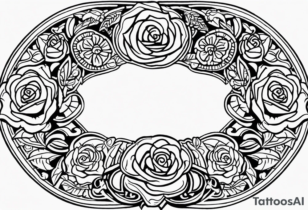 Design a masculine tattoo depicting three delicate rose buds being embraced and protected by 
Aztec weapons. The weapons should include elements such as the macuahuitl (Aztec sword-club), obsidian blades, and Mayan calander, arranged in a way that forms a protective circle or embrace around the roses. Carve the entire image as if it were a stone sculpture by an ancient Aztec artist, with the texture resembling intricately detailed stone carvings. The roses should be slightly softer but still stylized in stone, giving the entire tattoo a powerful, yet artistic and ancient feel. Use bold, sharp lines to capture the essence of Aztec craftsmanship tattoo idea