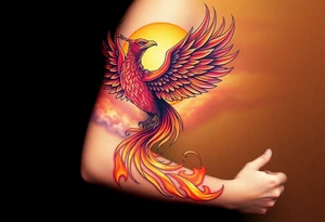 magnificent phoenix rising from flames with trailing embers pinks golds orange and yellows with a golden sunset and sky with puffy clouds and heaven backdrop tattoo idea