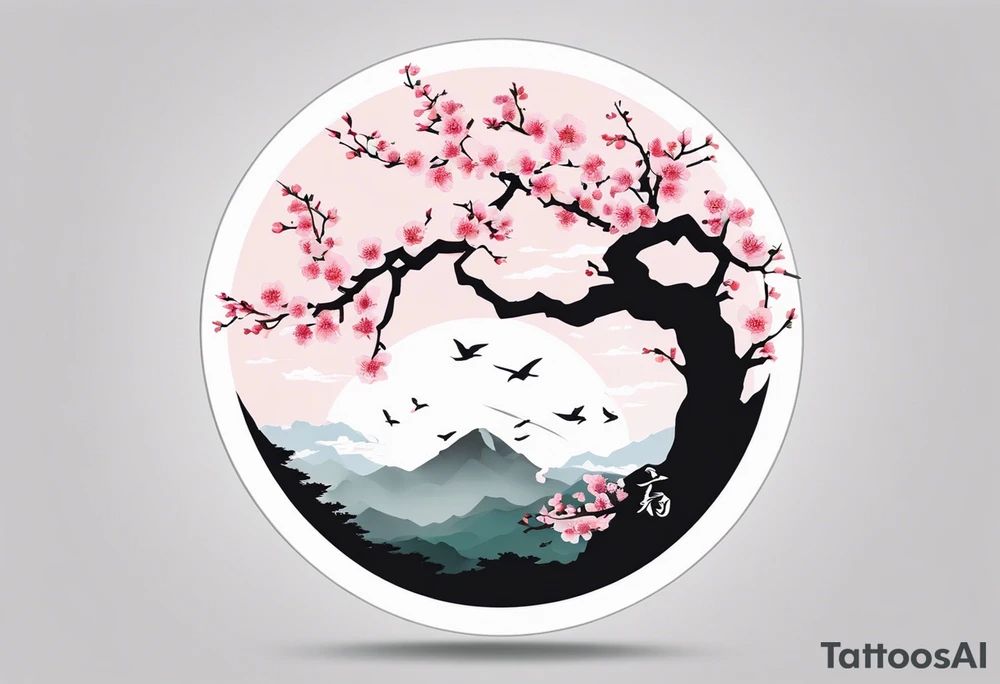 A circle of mist with cherry blossom trees on the left side growing upwards and downwards with the shadow kanji letter in the middle of the circle tattoo idea