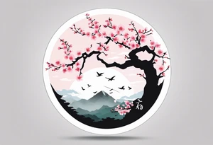 A circle of mist with cherry blossom trees on the left side growing upwards and downwards with the shadow kanji letter in the middle of the circle tattoo idea