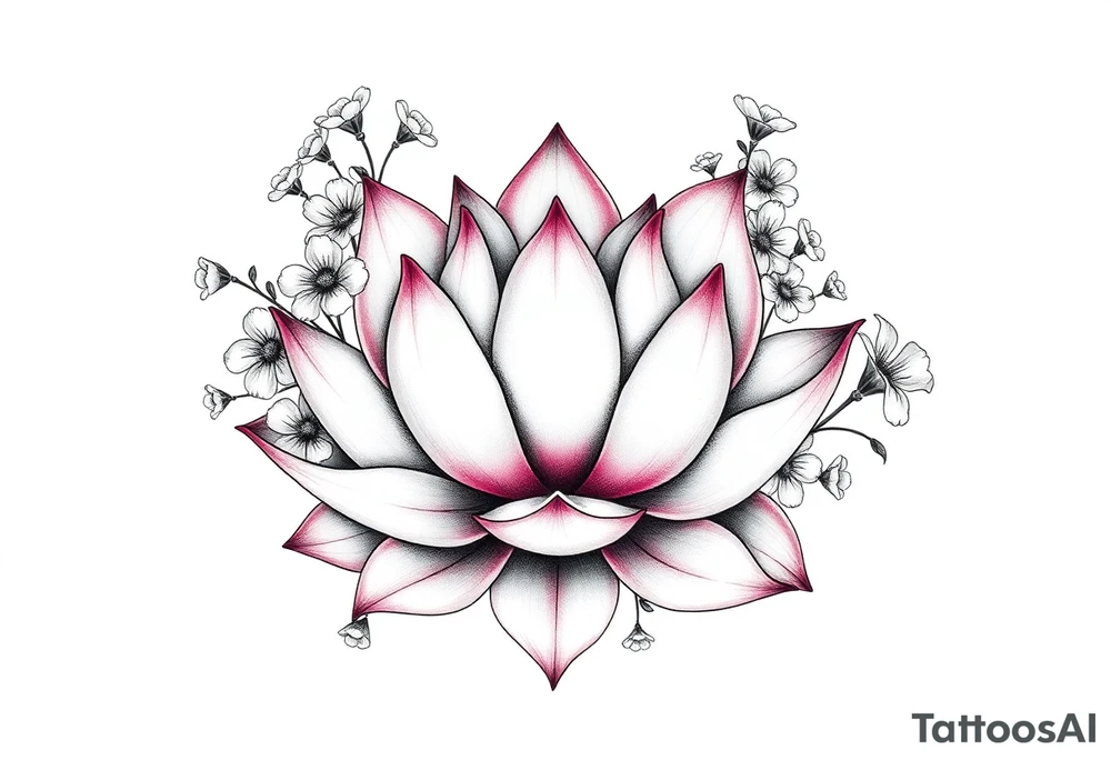 Lotus flower surrounded by forget me nots and peonies tattoo idea