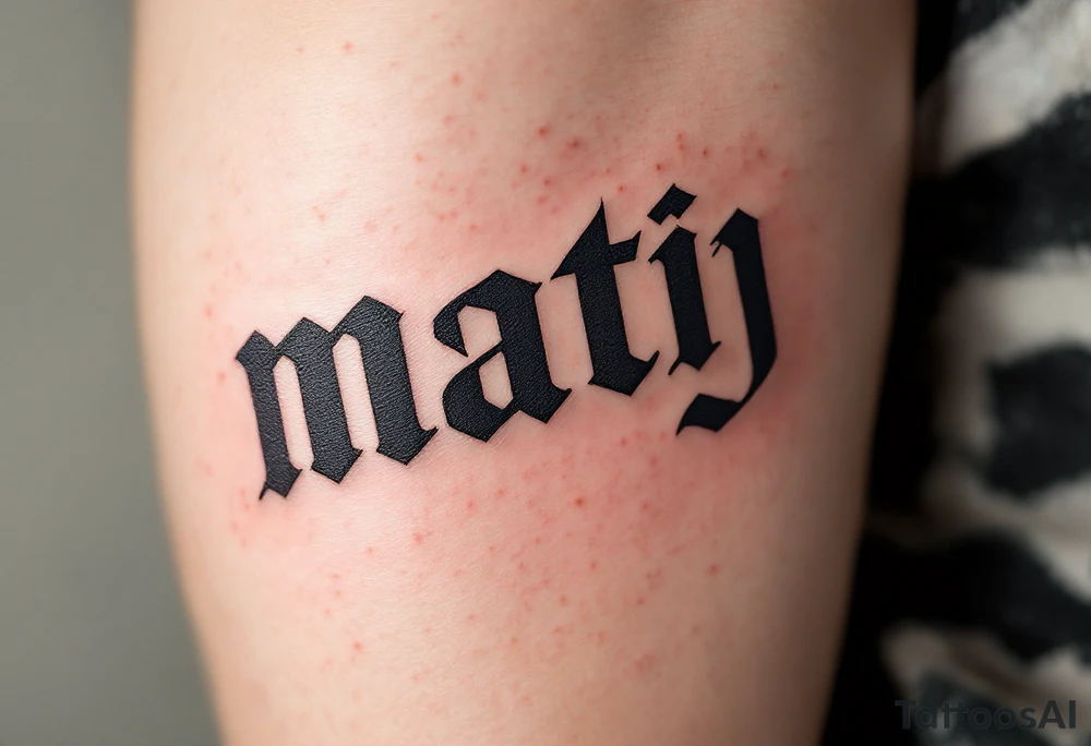 Matěj in bold block letters, with a subtle sunrise gradient fading from orange to yellow. tattoo idea