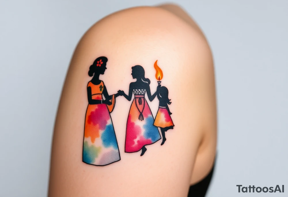 Silhouette of grandmother, mother and daughter passing a flame from oldest to youngest with the flame growing as it goes. tattoo idea