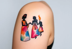Silhouette of grandmother, mother and daughter passing a flame from oldest to youngest with the flame growing as it goes. tattoo idea